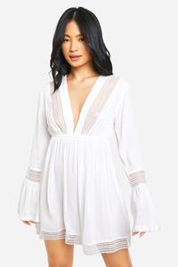 Boohoo Petite Strand Jurk Met Kanten Zoom, White