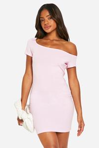 Boohoo Basic Katoenen Bodycon Jurk Met Asymmetrische Hals, Pink