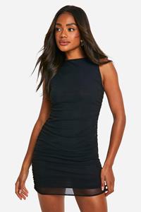 Boohoo Mouwloze Mesh Mini Jurk Met Ruches, Black
