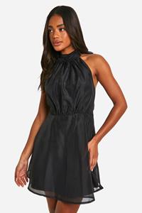 Boohoo Organza Mini Jurk Met Halter Neck, Black