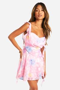 Boohoo Jaquard Bloemenprint Mini Skater Jurk, Pink
