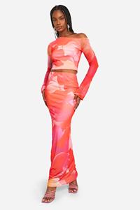 Boohoo Tall Mesh Bloemen Set, Red Orange