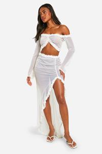 Boohoo Mesh Maxi Rok Met Ruches, White