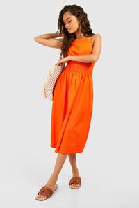 Boohoo Linnen Midi Jurk Met Bandjes En Geplooide Taille, Orange