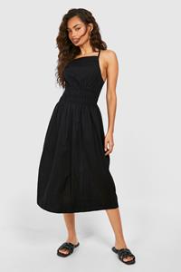 Boohoo Linnen Midi Jurk Met Bandjes En Geplooide Taille, Black
