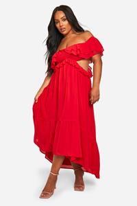 Boohoo Plus Maxi Jurk Met Ruches En Uitgesneden Schouders, Red