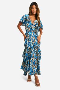 Boohoo Bloemen Maxi Jurk Met Franjes En Ruches, Blue