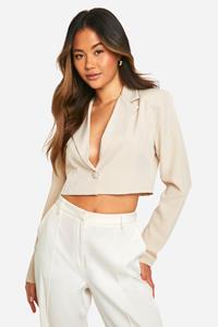 Boohoo Korte Basic Linnen Look Blazer Met Enkele Knopen, Stone