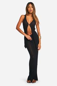 Boohoo Gebreide Gehaakte Gilet En Maxi Rok Set, Black