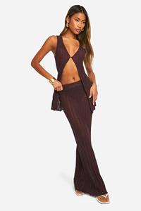 Boohoo Gebreide Gehaakte Gilet En Maxi Rok Set, Chocolate