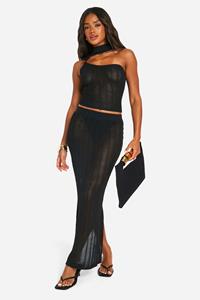 Boohoo Top Met Kraaltjes En Uitsnijding En Maxi Rok Set, Black
