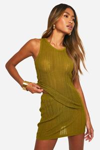 Boohoo Gehaakt Gebreid Hemdje Met Racer Hals En Mini Rokje Set, Khaki