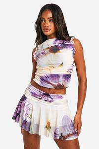 Boohoo Mesh Bloemen Mini Rokje Met Vouw En Vouw, Floral