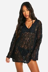 Boohoo Gehaakte Premium Kanten Cover-Up Strand Jurk Met Reliëf, Black