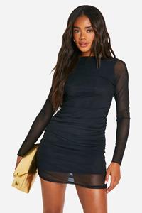 Boohoo Mesh Mini Jurk Met Ruches, Black