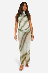 Boohoo Mesh Maxi Jurk Met Print, Green