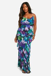 Boohoo Plus Mesh Bloemen Maxi Jurk Met Ruches, Blue
