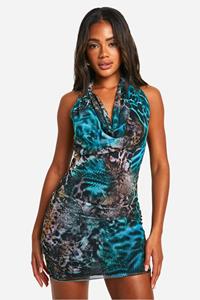 Boohoo Mesh Dierenprint Mini Jurk Met O-Ring, Multi