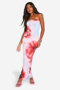 Boohoo Strakke Strapless Bloemen Maxi Jurk, Blue