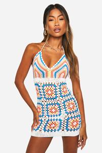 Boohoo Gehaakte Premium Regenboog Mini Jurk Met Patches, Ivory