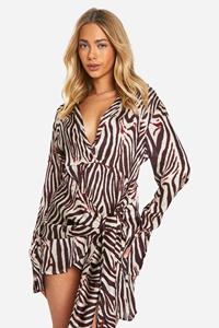 Boohoo Satijnen Zebraprint Blouse Jurk Met Wikkelrok, Brown