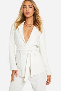 Boohoo Getailleerde Linnen Look Blazer Met Obi Ceintuur, Ecru