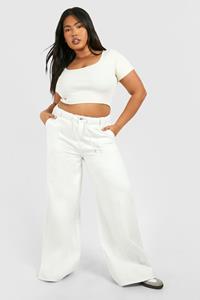 Boohoo Plus Ecru Wide Leg Jeans Met Touwtjes En Tailleband, Ecru
