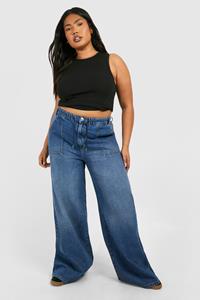 Boohoo Plus Wide Leg Jeans Met Elastische Tailleband, Mid Blue