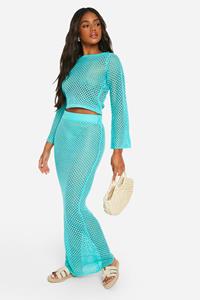 Boohoo Gebreide Gehaakte Crop Top En Maxi Rok Set, Turquoise