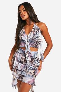 Boohoo Asymmetrisch Mesh Luipaardprint Mini Rokje Met Ruches, Leopard