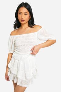 Boohoo Petite Dobby Mini Rokje Met Laagjes En Ruches, White