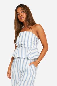 Boohoo Petite Gestreepte Gedrappeerde Bandeau Top, Blue