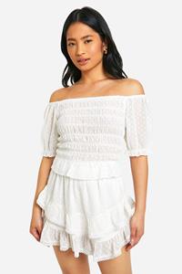 Boohoo Petite Geplooide Dobby Crop Top Met Pofmouwen, White