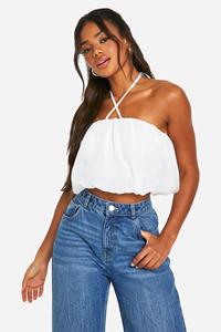 Boohoo Organza Crop Top Met Halter Neck En Pofmouwen, White