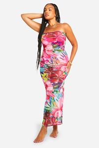 Boohoo Plus Mesh Tropische Bloemen Bandeau Strand Jurk, Multi