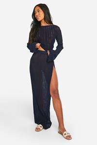 Boohoo Gehaakte Gebreide Top Met Rug Strik En Maxi Rok Met Hoge Split, Navy