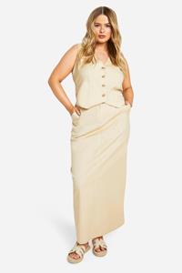 Boohoo Plus Linnen Look Maxi Rok Met Print, Stone