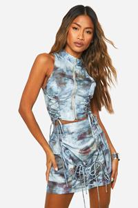 Boohoo Monochroom Tie Dye Mini Rokje Met Veters, Blue