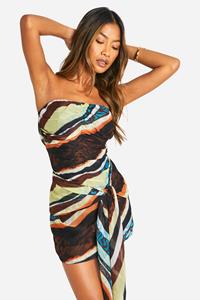 Boohoo Abstracte Chiffon Strapless Mini Jurk Met Strik, Brown