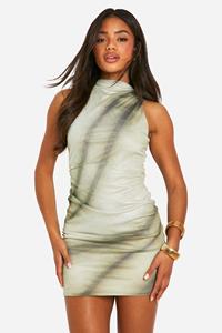 Boohoo Mesh Mini Jurk Met Racer Hals En Print, Green