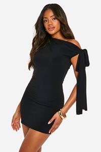 Boohoo Geplooide Strakke Mini Jurk Met Open Schouders, Black
