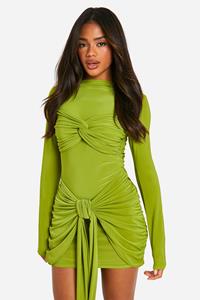 Boohoo Geplooide Gedraaide Mini Jurk, Lime