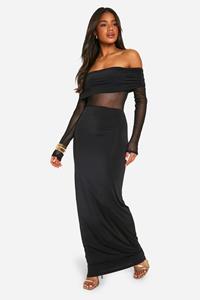 Boohoo Strakke Maxi Jurk Met Uitgesneden Hals En Mesh Insert, Black