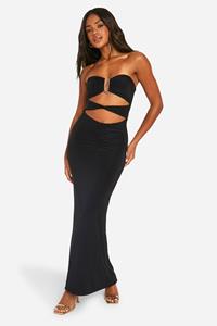 Boohoo Strapless Maxi Jurk Met Gouden Zoom En Uitsnijding, Black