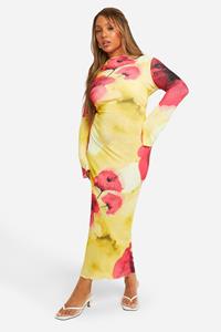 Boohoo Plus Doorschijnende Bloemen Maxi Jurk Met Lage Ronde Rug, Yellow