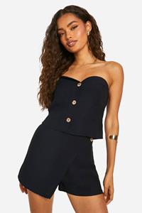 Boohoo Linnen Look Bandeau Top Met Knopen, Black