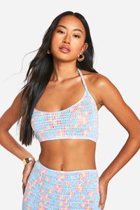 Boohoo Gehaakte Regenboog Crop Top Met Halter Neck, Blue