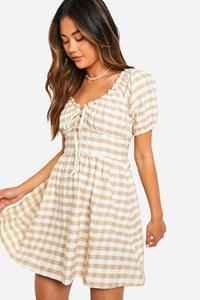 Boohoo Seersucker Gingham Mini Jurk Met Pofmouwen, Gingham