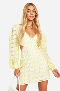 Boohoo Broderie Mini Jurk Met Rug Strik En Ballonmouwen, Lemon