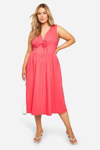 Boohoo Plus Bengaline Midi Skater Jurk Met Laag Decolleté En Korset Detail, Hot Pink